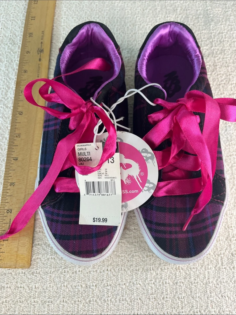 NSS Girls ribbon tie, plaid tennis shoes, NWT size 13, black purple pink vintage